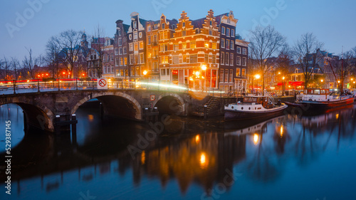 Lekkeresluis Brug , Beautiful bridge in Amsterdam during autumn , winter after sunset : Amsterdam , Netherlands : November 26 , 2019