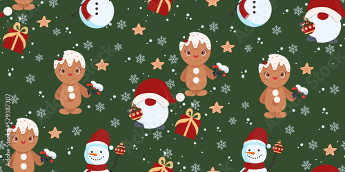 Seamless vector Christmas pattern gnomes and gingerbread man on a green background.