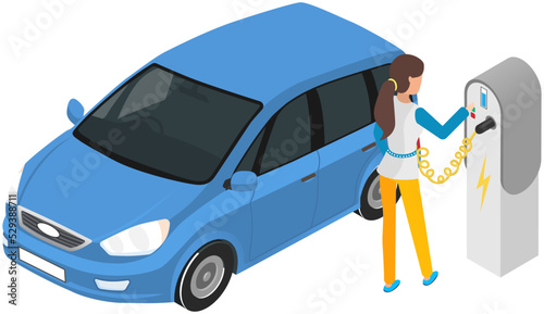 Modern electric smart car charging, automobile parking at charger station with plug in cable. Electrified future transportation e-motion. Environmentally friendly transport, battery electric sedan