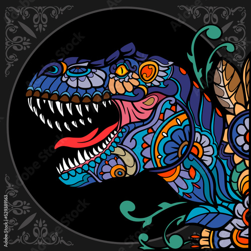 Colorful Tyrannosaurus rex zentangle arts isolated on black background