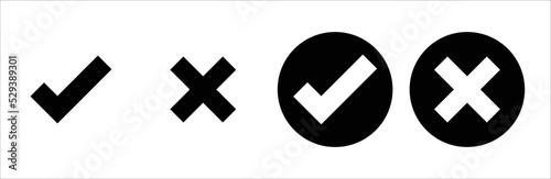 Check mark, Cross mark black icon set. Isolated tick symbol, right and wrong sign concept. Vector illustration.