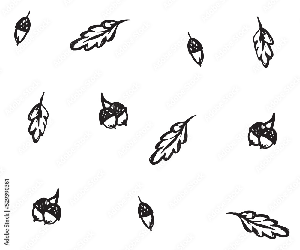 black and white grunge doodle pattern of acorns and oak leaves