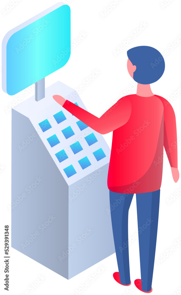 Woman buying goods using self checkout technology equipment. Female customer near cashier device for payment. Shopping, making purchases in store concept. Girl pays for checkout of shopping mall