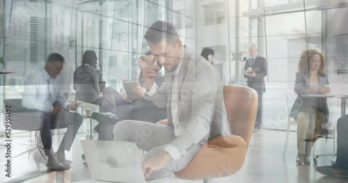 Animation of people walking in fast pace over caucasian businessman working