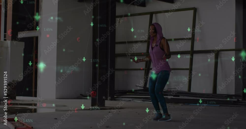 Animation of network of connections over african american fit woman skipping ropes