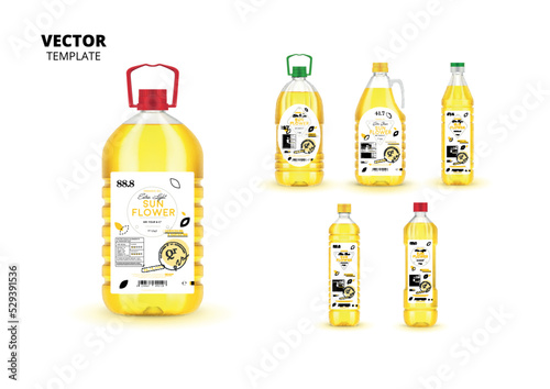 Extra virgin sunflower oil realistic plastic bottles with labels. Layout of food identity branding, modern packaging design. Healthy organic product, natural nutrition isolated vector illustration