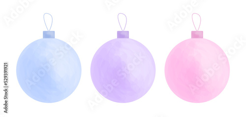 Set of pastel colored Christmas balls on white background in vector. Christmas tree decoration, home decoration for winter holiday