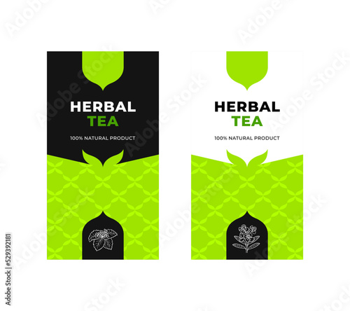 Herbal tea packaging. Sticker design for tea packaging. Herbal tea, natural organic product. Black-green and white-green backgrounds with graphic elements. Tea leaves.