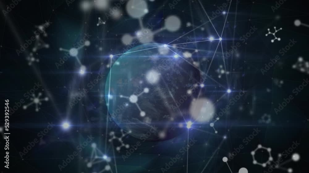 Animation of network of connections and molecular structures over globe against blue background Animation of network of connections and molecular structures over globe against blue background