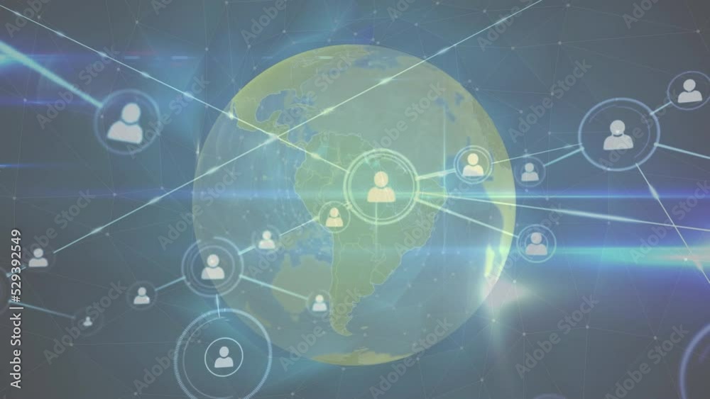 Animation of network of profile icons and light trails over a globe against blue background Animation of network of profile icons and light trails over a globe against blue background