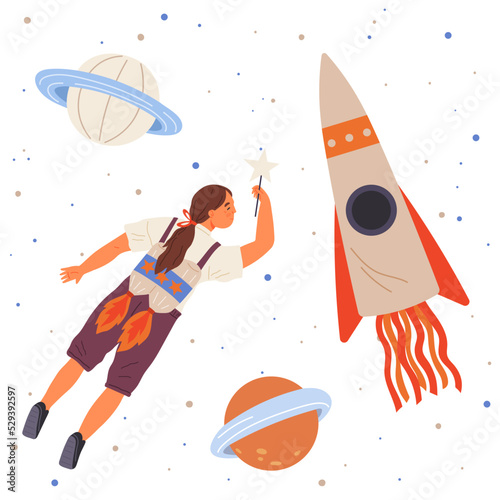 Astronaut woman with jet backpack. Lady dressed as astronaut at costume party. Outfit for holiday in cosmic style. Girl with self made jetpack flying to sky. Person in costume of space explorer