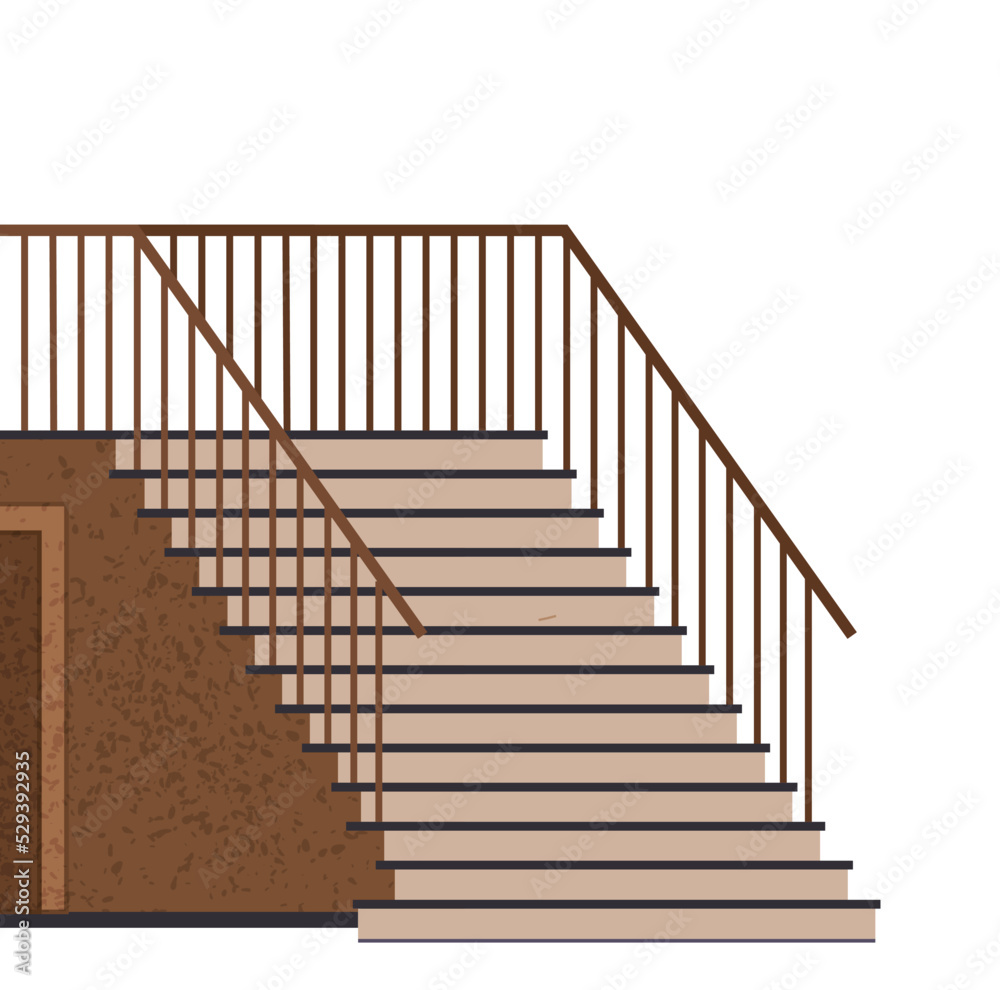 Interior design scene with stairs and door. Staircase at entrance to house. Corridor or hall of building with stairs. Staircase with railings and stairway, architecture of building vector illustration Interior design scene with stairs and door. Staircase at entrance to house. Corridor or hall of building with stairs. Staircase with railings and stairway, architecture of building vector illustration