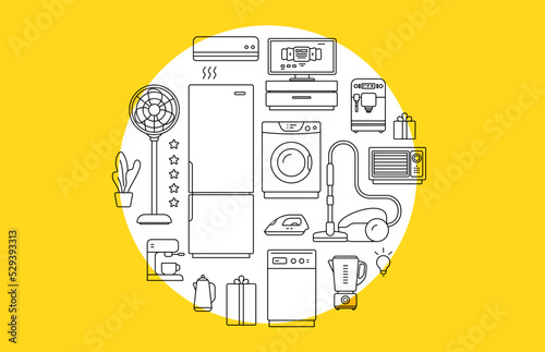 Vector illustration of circle shape with black color different appliance on yellow background. Line art style design home appliance collection