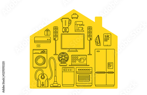 Vector illustration of house shape with black color different appliance on yellow background. Line art style design home appliance collection
