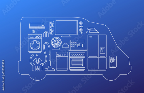 Vector illustration of delivery van shape with white color different appliance on blue background. Line art style design home appliance collection