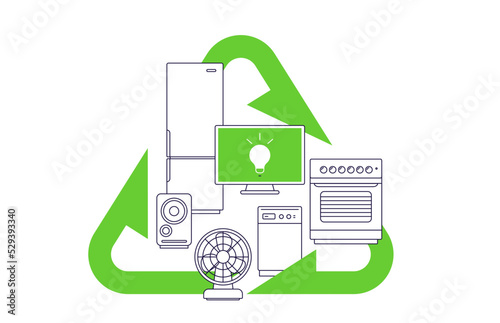 Vector illustration of green recycle sign with black color different appliance on white background. Line art style design eco friendly home appliance set