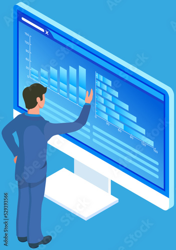 Analytics information and development statistics. Web analysis measure, product testing technology. Man analyses dashboard seo optimization, digital report. Statistical indicators and data on diagram