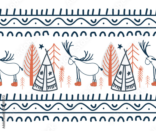 The border is demonic in the northern style. Scandinavian winter forest. Fairy forest seamless. Ribbon and textile decor