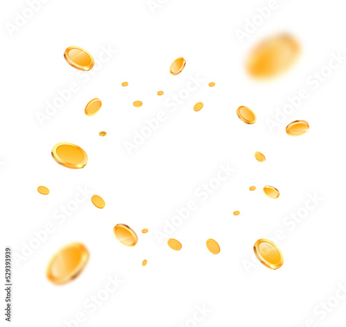 Gold coins circle frame  illustration. Money rain gold chips on transparent background.