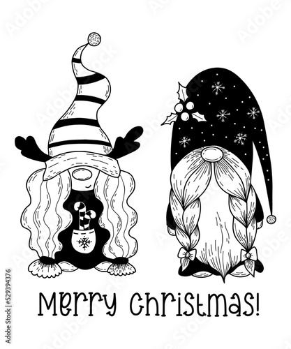 Pair of Christmas Scandinavian gnomes. Cute character gnome and girl gnome with deer antlers and caramel sticks. Vector illustration. Doodle hand drawing. Isolated New year winter characters.