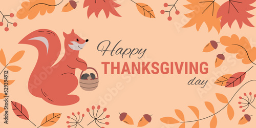 Thanksgiving cute cartoon poster. Vector autumn banner with smiling squirrel, bright falling leaves. Greeting card for the fall season, holidays.