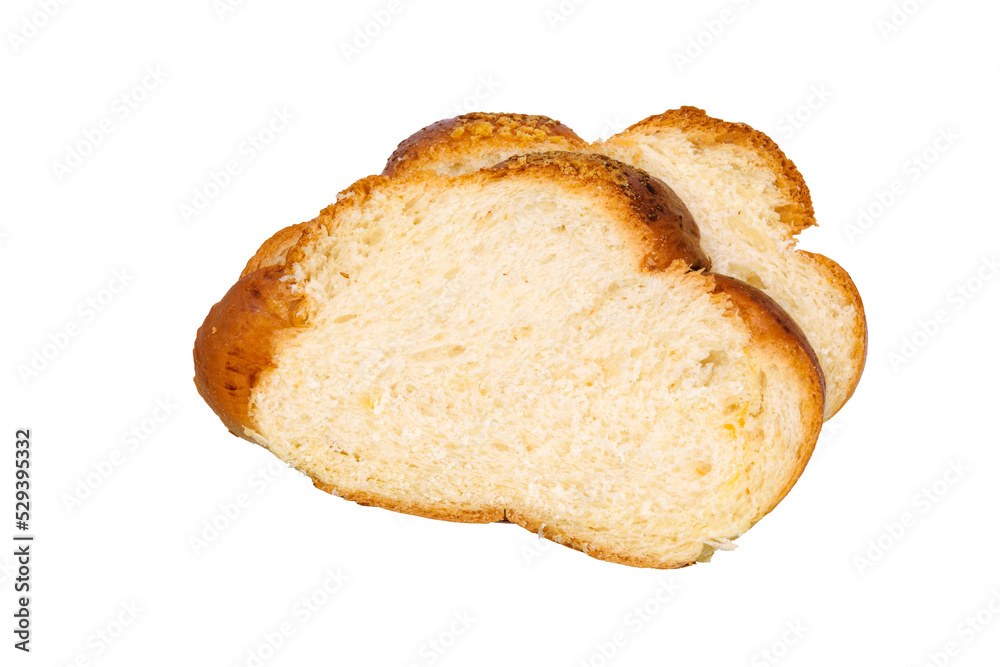 Two isolated slices of a fresh sweet yeast bread. PNG file with transparent background.