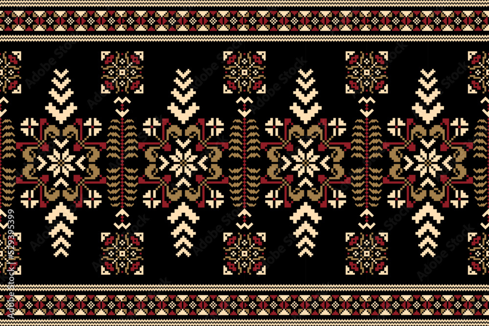 Floral cross stitch embroidery on black background.geometric ethnic oriental seamless pattern traditional.Aztec style abstract vector illustration.design for texture,fabric,clothing,wrapping,carpet. - obrazy, fototapety, plakaty 