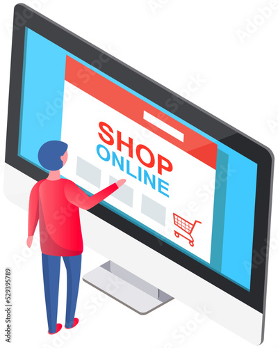 Online shopping with web site. Customer woman uses laptop computer to buy goods. Cartoon character makes purchases in online store. Products delivery. Buying remotely with modern application