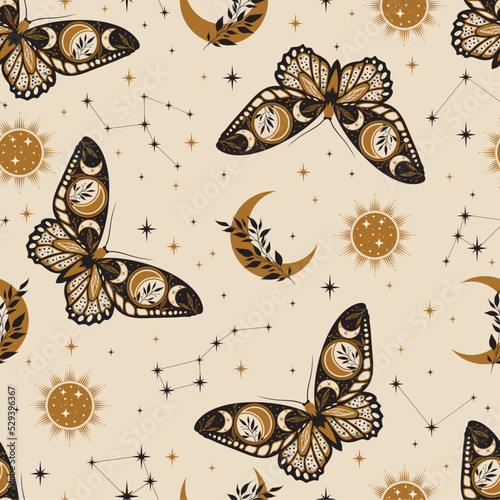 Magic celestial seamless pattern with constellations. Boho magic background with space elements stars, butterflies. Vector doodle texture.