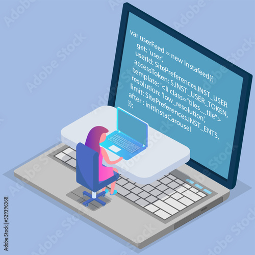 Young programmer coding new project on big laptop with command line. Woman looking at computer screen with program code. Programming or coding concept. Girl works with machine language development