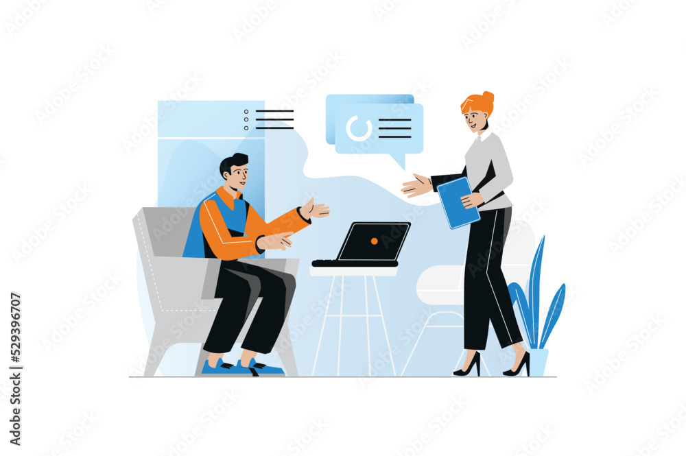 Concept Digital business with people scene in the flat cartoon design. Manager and his assistant transfer all business data to tables in the computer. Vector illustration. Concept Digital business with people scene in the flat cartoon design. Manager and his assistant transfer all business data to tables in the computer. Vector illustration.