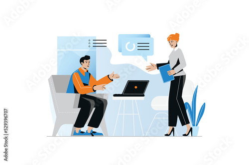 Concept Digital business with people scene in the flat cartoon design. Manager and his assistant transfer all business data to tables in the computer. Vector illustration.