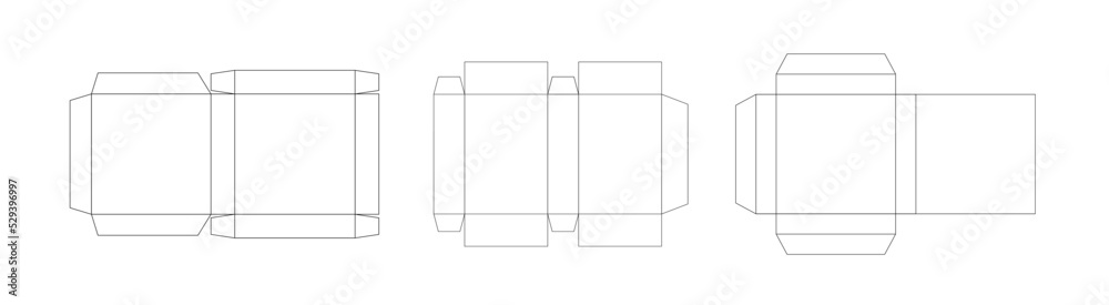 Set of 3 package box templates. Scheme of paper packaging, geometric model layout, black thin lines on white background. Set of 3 package box templates. Scheme of paper packaging, geometric model layout, black thin lines on white background.