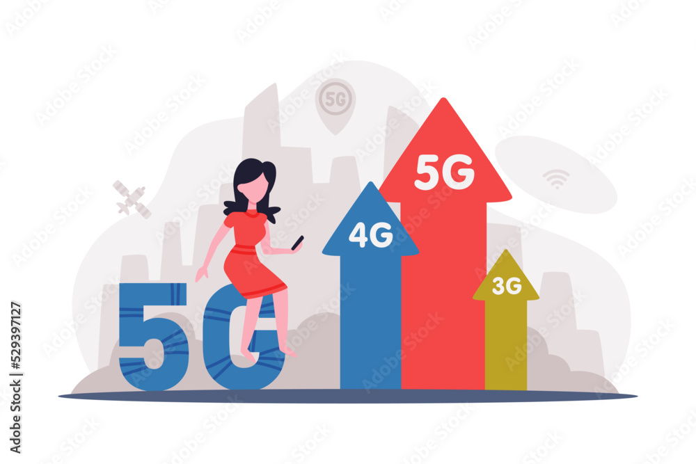 5G network wireless technology. Girl with smartphone using high speed mobile internet for working and communication cartoon vector illustration 5G network wireless technology. Girl with smartphone using high speed mobile internet for working and communication cartoon vector illustration
