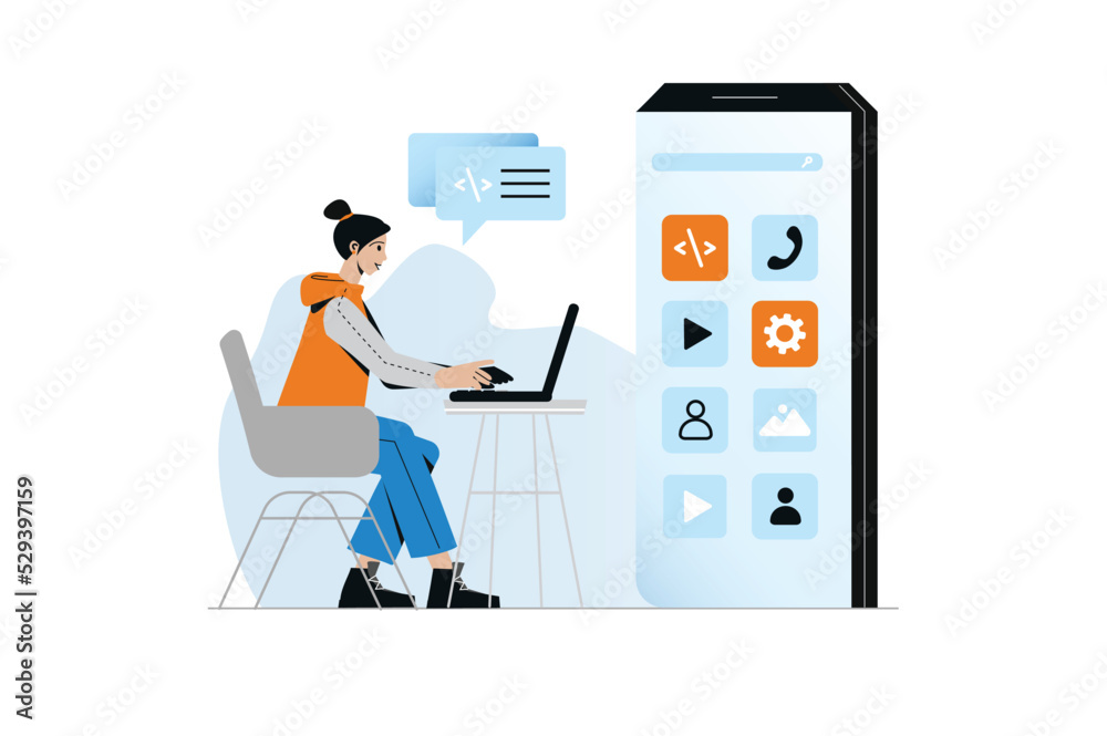 App development concept with people scene in the flat cartoon design. Girl is writing programming code for a mobile app she created. Vector illustration.