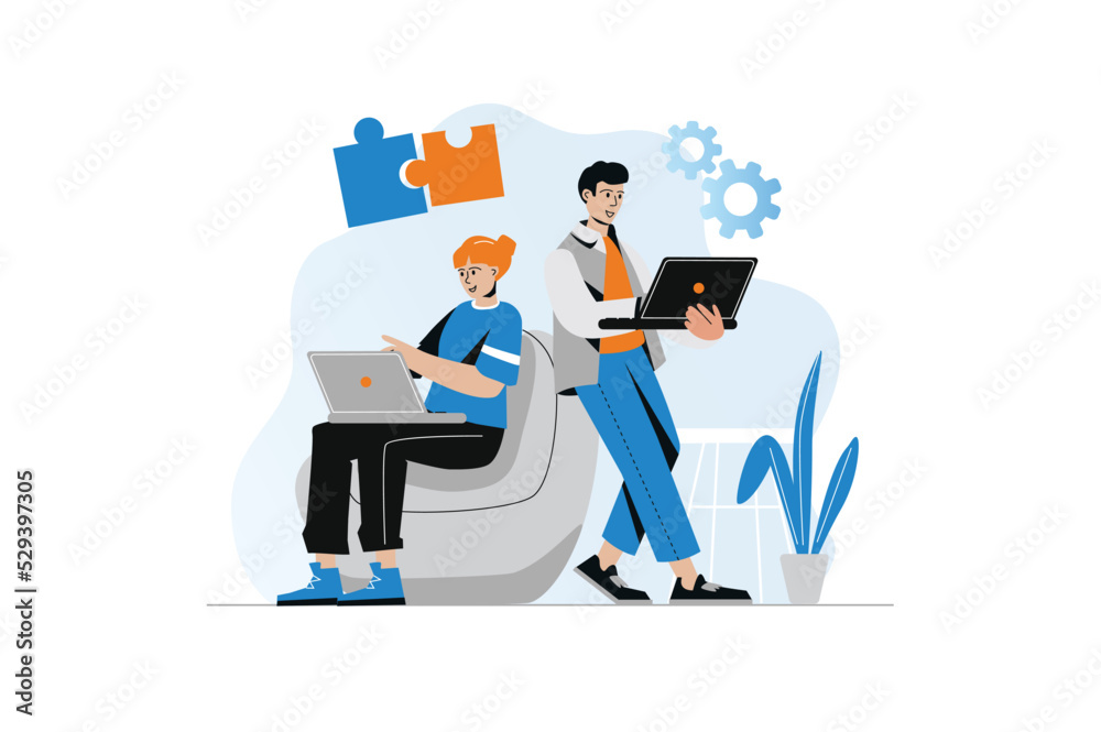 Teamwork concept with people scene in the flat cartoon design. Colleagues work together completing different tasks on laptop. Vector illustration.