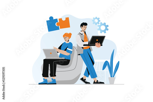 Teamwork concept with people scene in the flat cartoon design. Colleagues work together completing different tasks on laptop. Vector illustration.