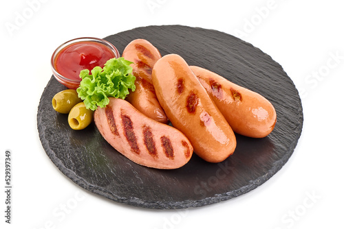 Grilled sausages, barbecue dishes, isolated on white background.
