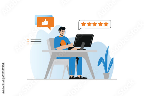 Positive feedback concept with people scene in the flat cartoon design. Blogger received positive feedback from his followers for his latest video. Vector illustration.