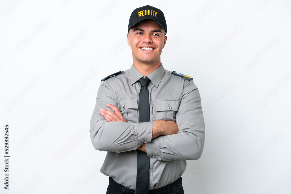Young caucasian security man isolated on white background keeping the arms crossed in frontal position Young caucasian security man isolated on white background keeping the arms crossed in frontal position