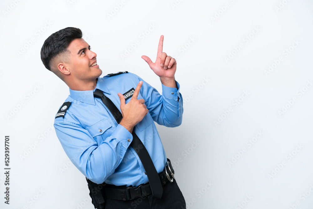 Young police caucasian man isolated on white background pointing with the index finger a great idea Young police caucasian man isolated on white background pointing with the index finger a great idea