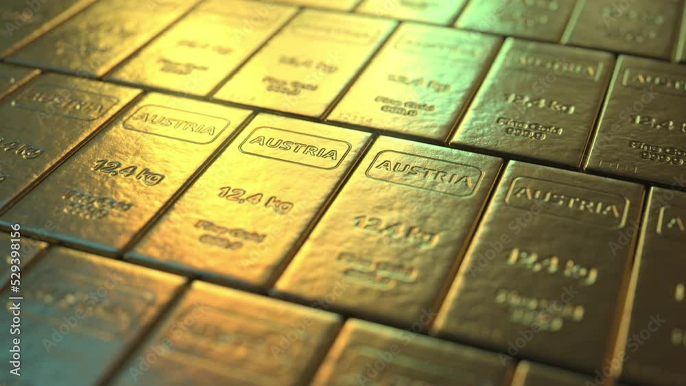 AUSTRIA text on gold ingots. Seamless looping 3d animation AUSTRIA text on gold ingots. Seamless looping 3d animation
