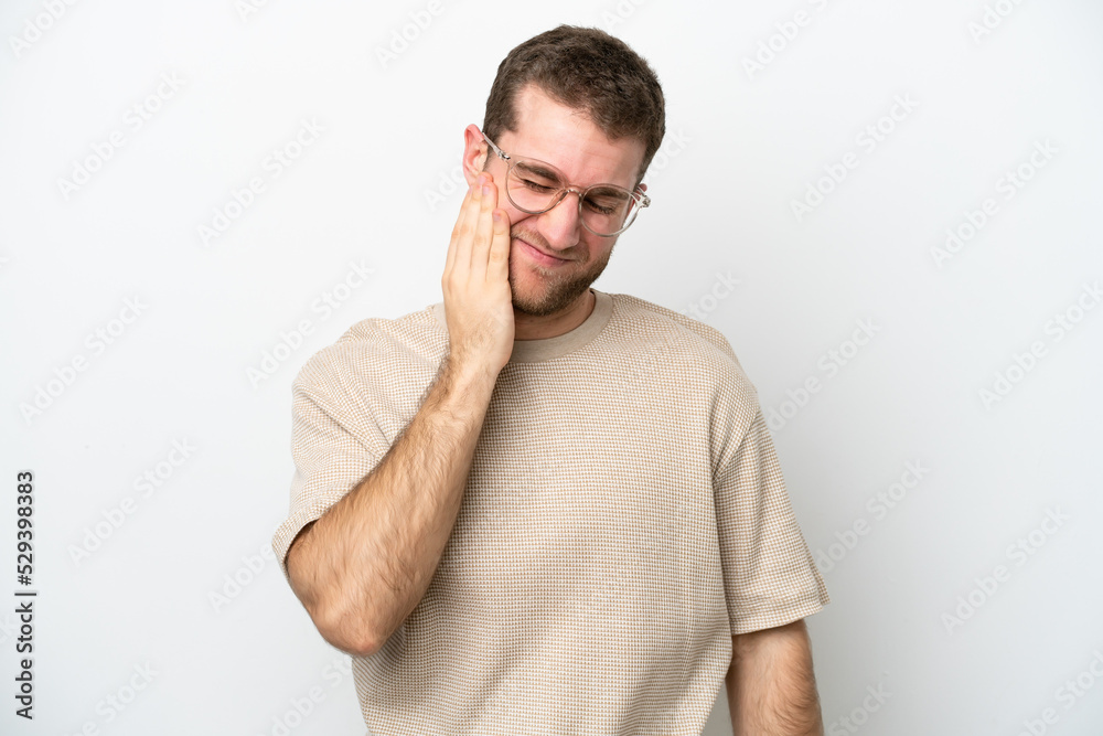 Young caucasian man isolated on white background with toothache Young caucasian man isolated on white background with toothache