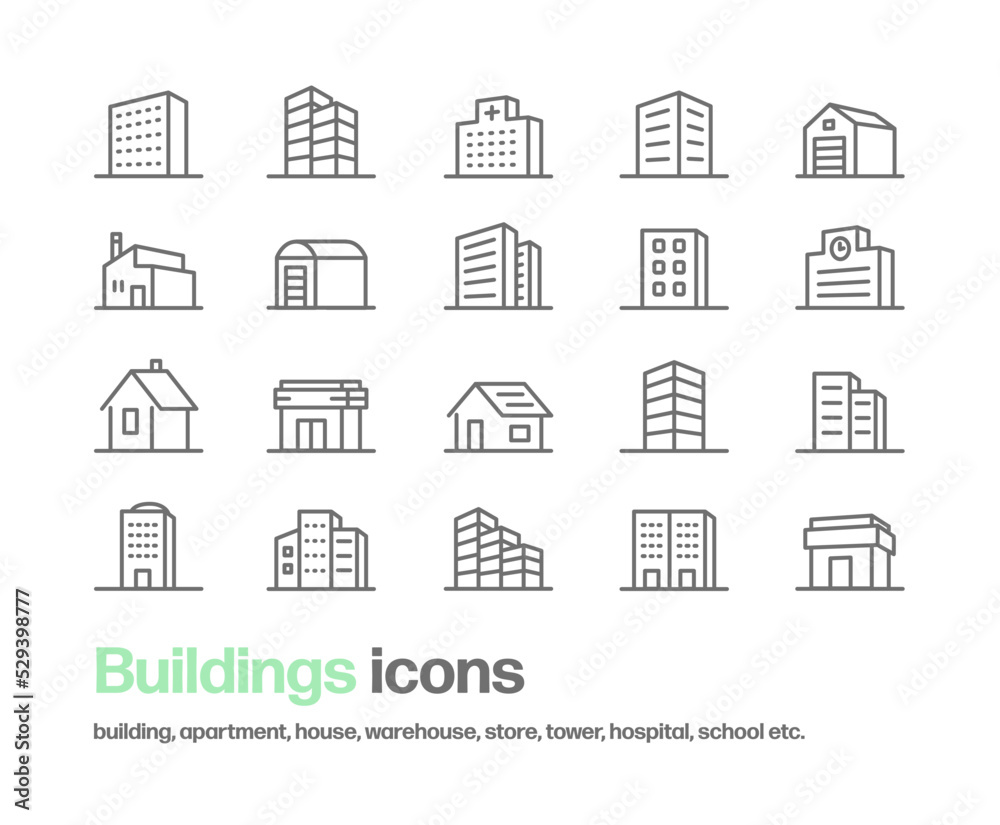 様々な建造物の立体的なアイコンセット。ビル,病院,倉庫,工場,住宅,学校,店舗,街並み,タワー等のシンプルなアイコンが含まれている。