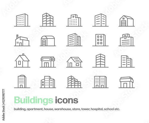 Foto 様々な建造物の立体的なアイコンセット。ビル,病院,倉庫,工場,住宅,学校,店舗,街並み,タワー等のシンプルなアイコンが含まれている。