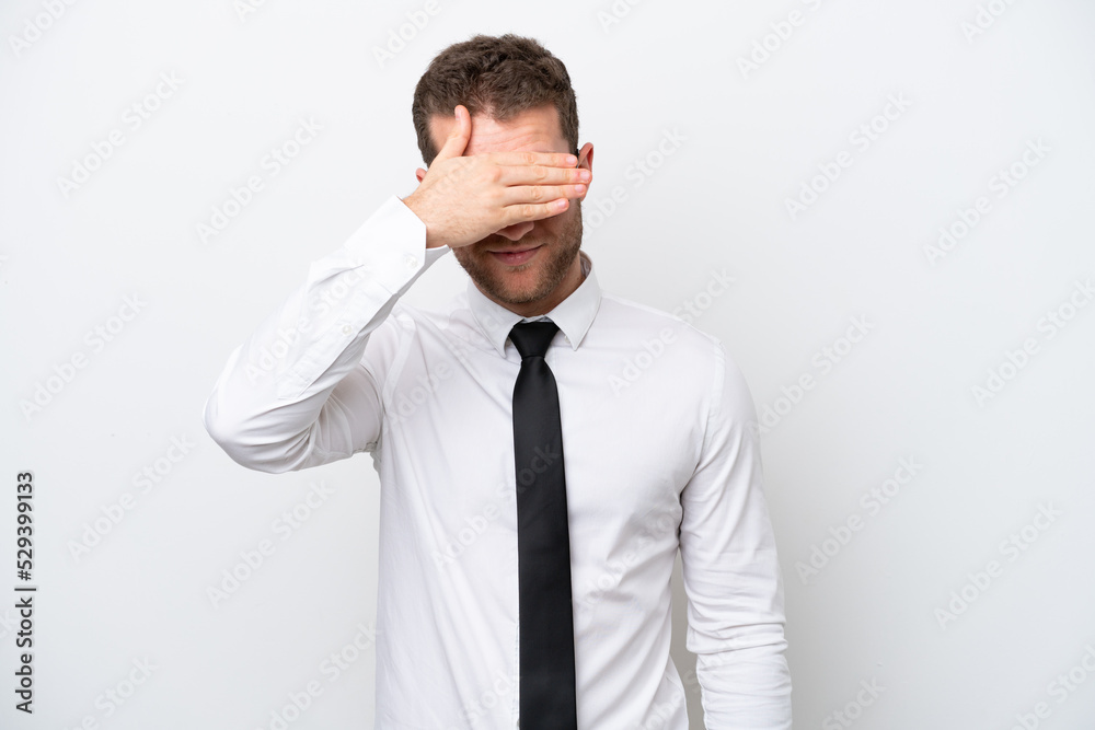 Young business caucasian man isolated on white background covering eyes by hands. Do not want to see something Young business caucasian man isolated on white background covering eyes by hands. Do not want to see something
