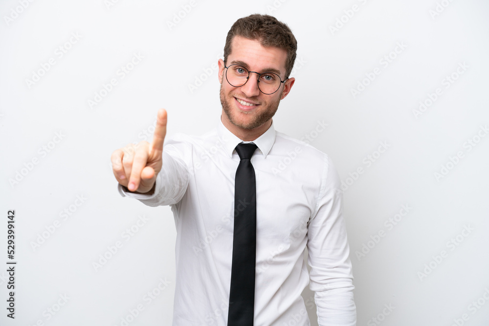 Young business caucasian man isolated on white background showing and lifting a finger Young business caucasian man isolated on white background showing and lifting a finger
