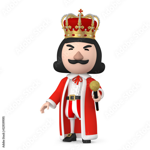 King wearing crown stand on with Cane, 3D Illustration