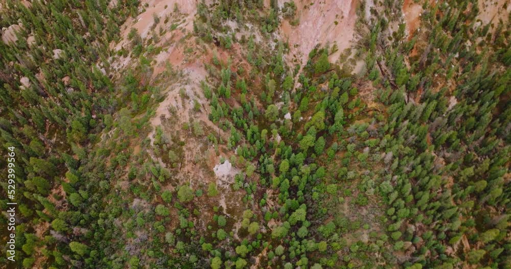 Rocky scenery of Bryce National Park covered with green pine trees, little bushes and moss. Drone footage at daytime. Top view. Rocky scenery of Bryce National Park covered with green pine trees, little bushes and moss. Drone footage at daytime. Top view.