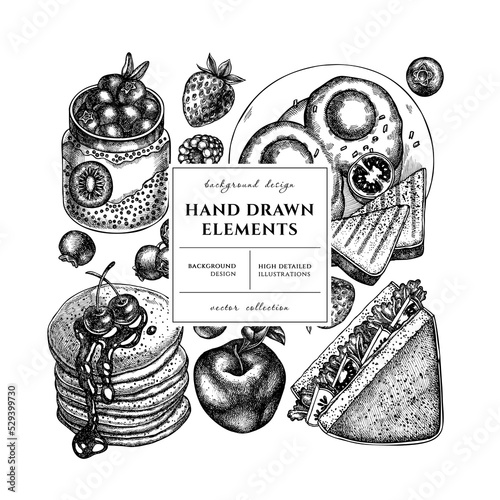 Breakfast square card or invitation design. Frame design with sandwich, pancakes, chia pudding, fried eggs, raspberry, blueberry, strawberry, apples.